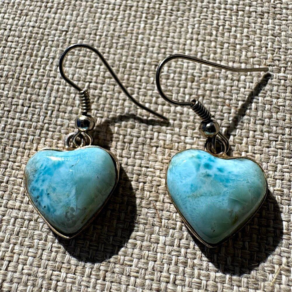Larimar Heart Dangle Earrings • 925 Sterling Silver Caribbean Blue Drop Earrings
